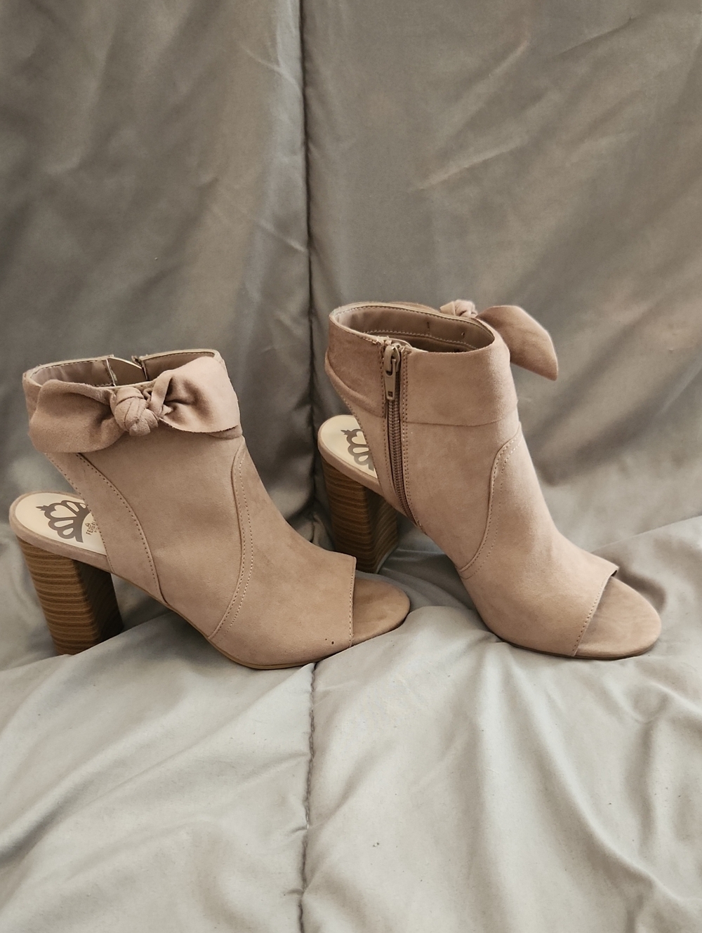 Fergalicious Taupe Open-Toe Knot Accent Ankle Booties
